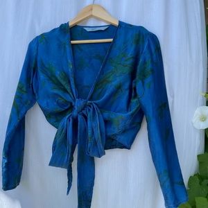 Indigo Dyed Silk Floral Wrap Top